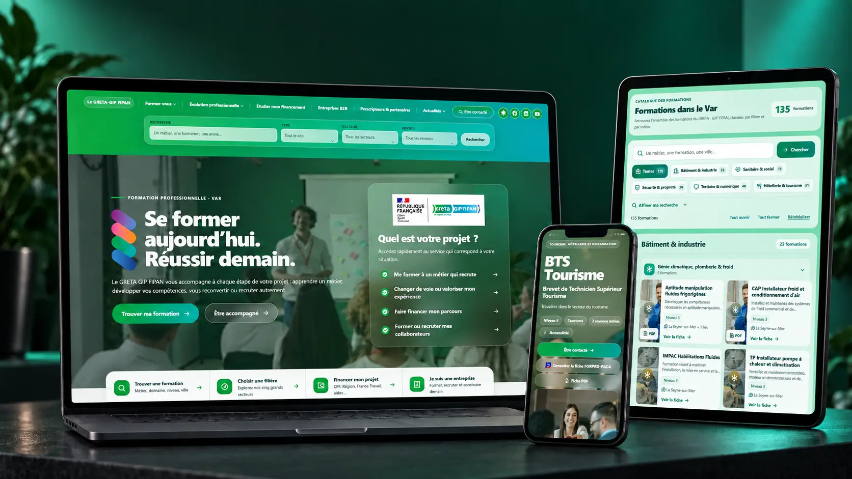 Concept web GRETA GIP FIPAN présenté sur ordinateur, tablette et mobile